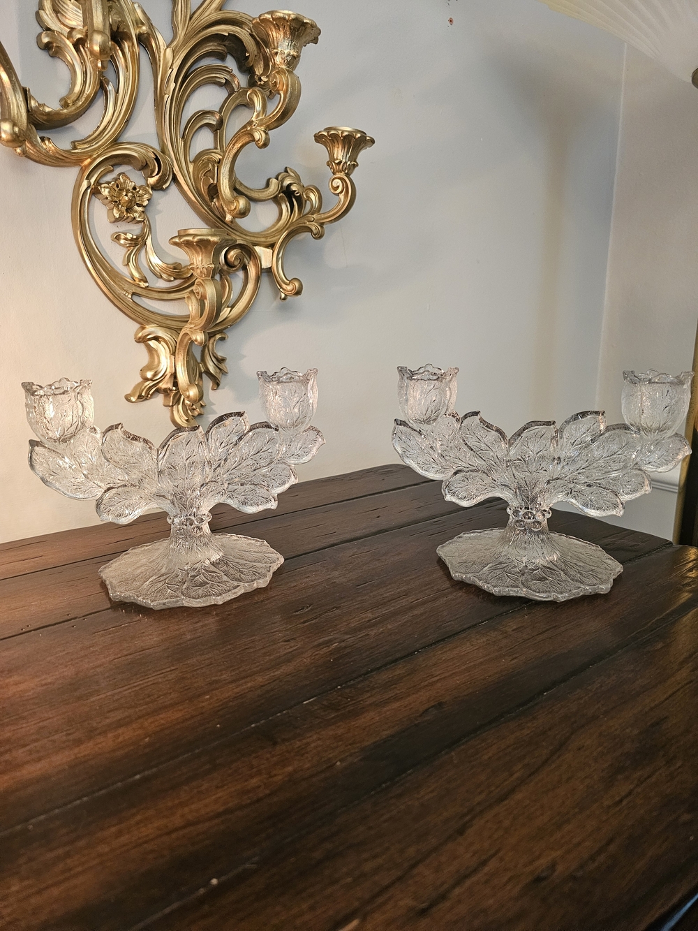 Clear Glass Leaf Double Roses Candleholder - Elegant Home Accents